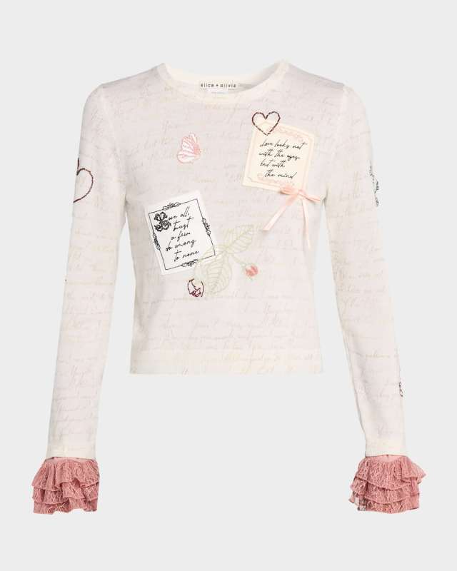 Carolann Script Embroidered Ruffle-Cuff Sweater